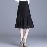 Women Summer Vintage Lace Korean Office Ladies Midi Skirt Sexy Trumpet High Waist OL Black Skirts