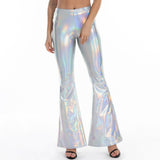 Sexy PU Leather Metallic Shiny Holographic Flare Pants Girls Bodycon Elastic Waist Bell Bottom Trousers Clubwear