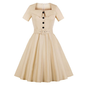 Pin Up Women Square Collar Button Front Belted 1950s Rockabilly Short Sleeve Pocket Elegant Solid Vintage Dress