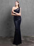 Women Beads Party Maxi Dress Elegant One Shoulder Gold Long Sequin Evening Dress