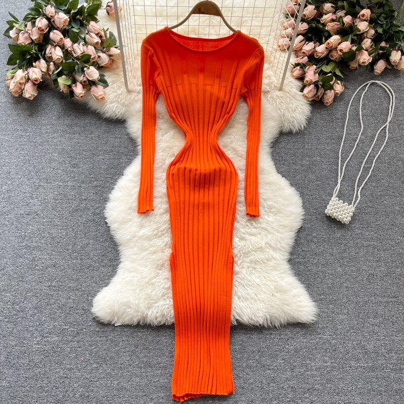 Autumn Winter Midi Dress Women O-Neck Long Sleeve Ribbed Knitted Dress Side Slit Night Club Party Sexy Bodycon Dress