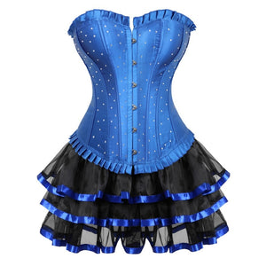 Women Victorian Sexy Corset Dress Vintage Rhinestones Satin Corset Bustier Lingerie Top With Mini Tutu Skirt Set Plus Size S-6XL