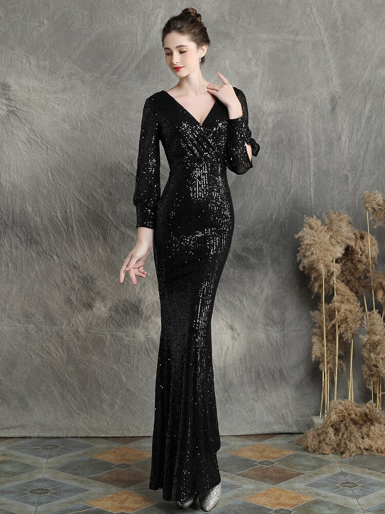 Elegant V Neck Party Maxi Dress Black Gold Sequin Evening Dress Women   jetechband