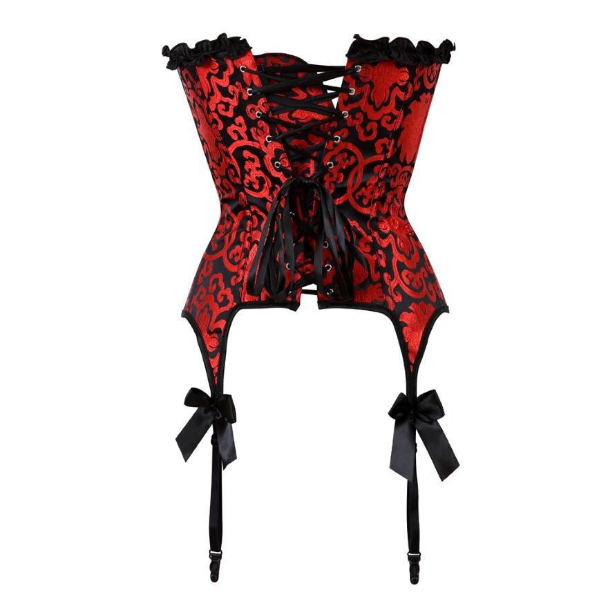 Women Sexy Jacquard Lace Bow Overbust Corset Women Burleque Retro Red Floral Waist Cincher Lace Up Corset Bustier Lingerie Top