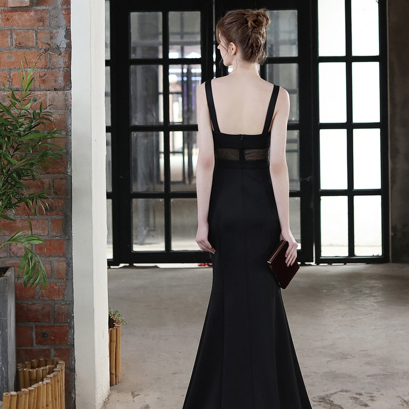 Sexy Slit Evening Dress Women's Black Strap Dress Party Maxi Dress WIth Beading