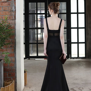 Sexy Slit Evening Dress Women's Black Strap Dress Party Maxi Dress WIth Beading