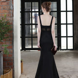 Sexy Slit Evening Dress Women's Black Strap Dress Party Maxi Dress WIth Beading