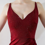Elegant Mermaid Sexy High Slit Evening Dress Reflective Long V neck Beadings Formal Classy Sleeveless Prom