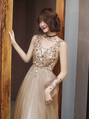 V-Back Beading Evening Dress A-line Tulle Sequins Prom Dress Sleeveless Long Party Dress Silver Grey Homecoming Dress Champagne