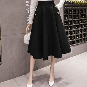 High Waist A Line Big Swing Midi Skirt Korean Pockets Office Lady Elegant Women Skirt