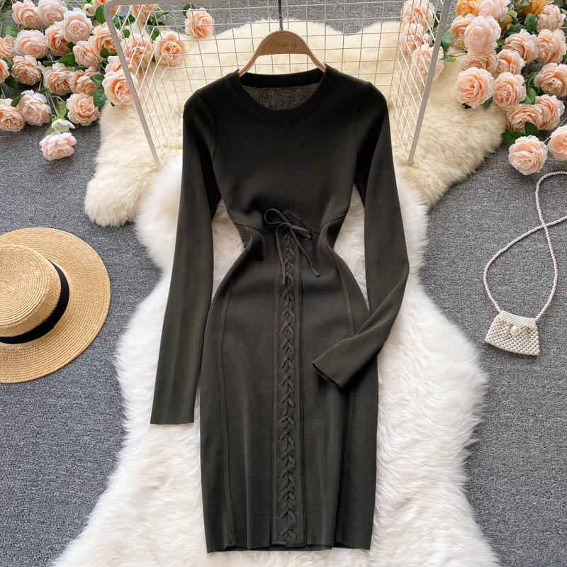 Autumn Winter Dress Women Clothing Crew Neck Long Sleeve Knitted Dress Front Lace Up Night Club Sexy Bodycon Dress