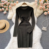 Autumn Winter Dress Women Clothing Crew Neck Long Sleeve Knitted Dress Front Lace Up Night Club Sexy Bodycon Dress