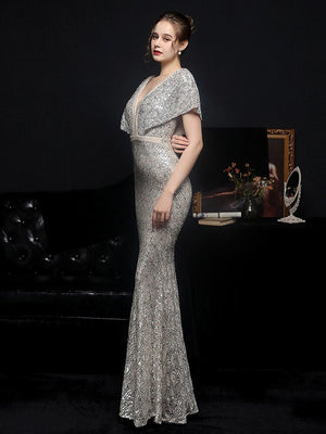Elegant Evening Dress New Women Sliver Sequin Dress V Neck Beaded Party Maxi Dress