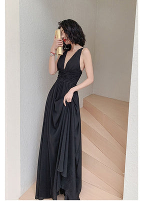 Black Cocktail Dress Sexy Deep V-neck Backless Party Gowns High Waist Big A-line Prom Dress Chiffon Vestioes Robe