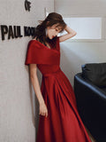 Big A-line Evening Dress Burgundy Double V-neck Prom Gown Short Cap-sleeve Party Robe Long Stain Formal Women Custom-made Dress