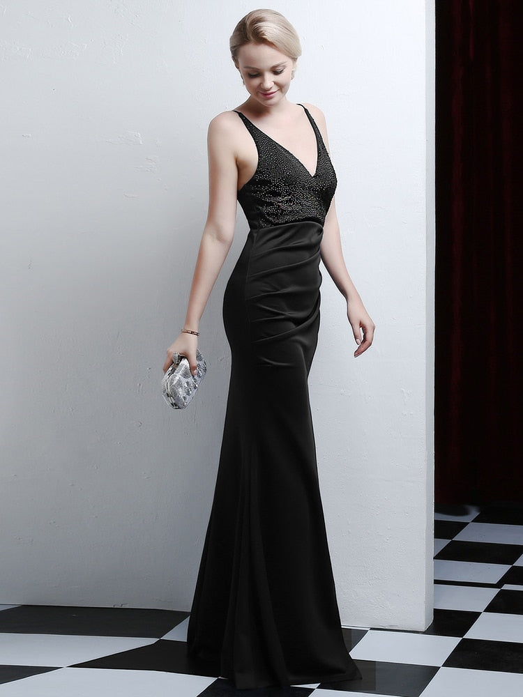 Elegant Mermaid Sexy High Slit Evening Dress Reflective Long V neck Beadings Formal Classy Sleeveless Prom