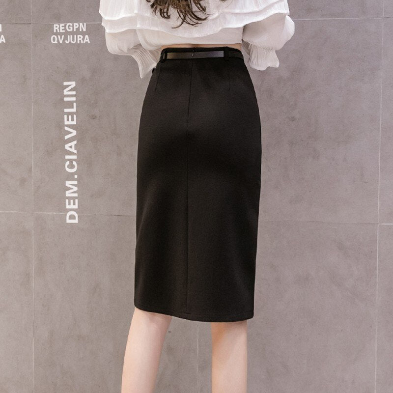 Women High Waist Spring Office Style All-match Elegant Slim Ladies Knee-length Pencil Skirt With Belts