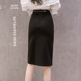 Women High Waist Spring Office Style All-match Elegant Slim Ladies Knee-length Pencil Skirt With Belts