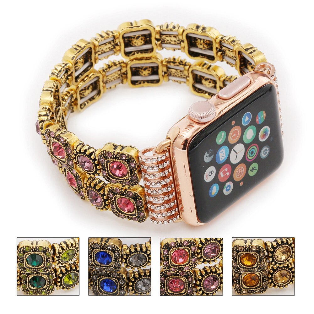 Elastic Beaded Watch Band for Apple iWatch Straps Series 5/4/3/2/1 Handmade Bracelet 38mm 42mm 40mm 44mm Band Woman Crystal Pink