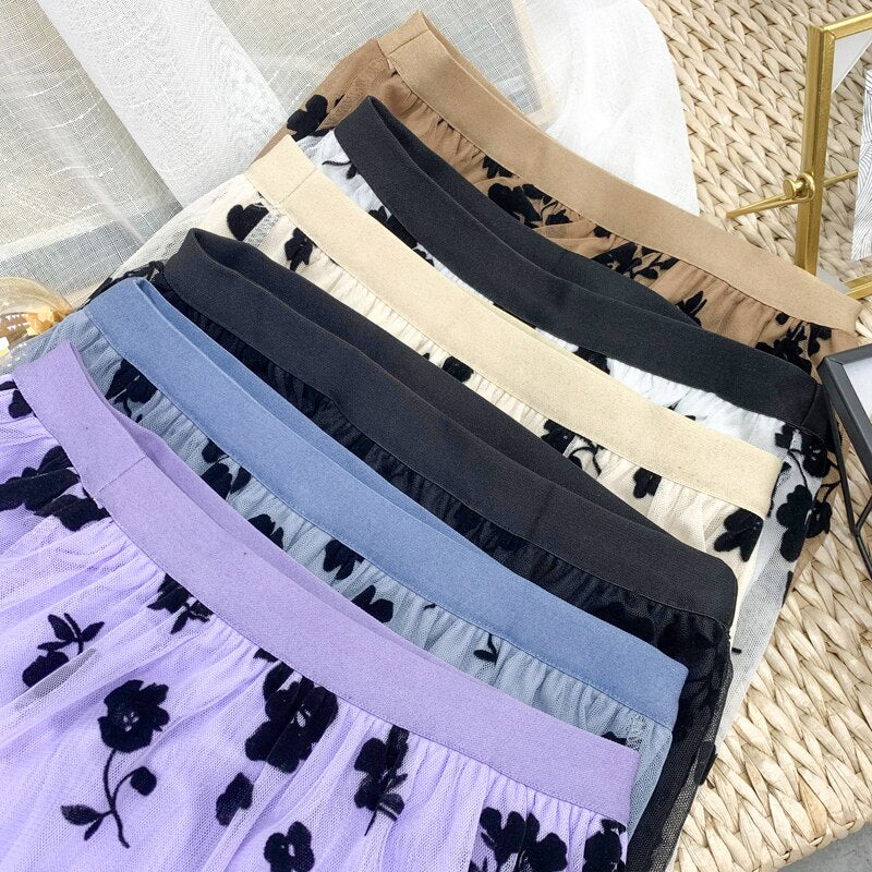 Mid Calf Long Floral Flocking Tulle Women Elastic High Waist Mesh A line Midi Skirt