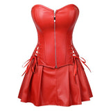 Women Gothic Faux Leather Corset Dress Sexy Overbust Corset Bustier Lingerie Top With Mini Skirt Set Party Burlesque Costume