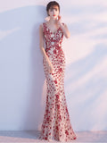 Elegant Mermaid Evening Dress Sleeveless Sequins Robe De Soriee V-neck Tulle Prom Gown Beads Formal Dress
