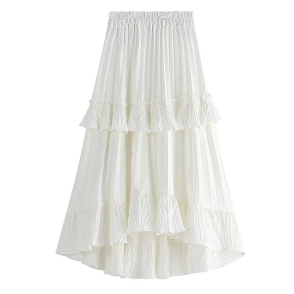 Autumn Summer Long Vintage Women Ruffles Spring Solid Casual Loose Elastic Waist Skirts