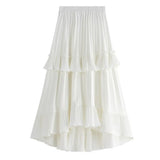Autumn Summer Long Vintage Women Ruffles Spring Solid Casual Loose Elastic Waist Skirts