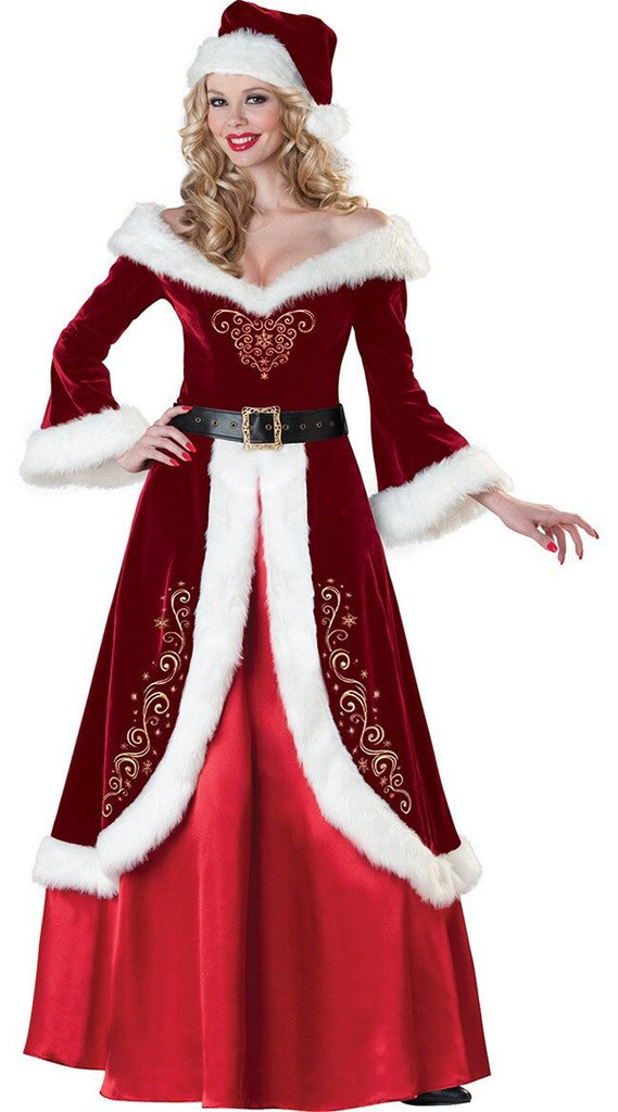 M-XXXL Adult Women Men's Deluxe Velvet Santa Claus Costume Suit Famle Xmas Christmas Red Long Dress