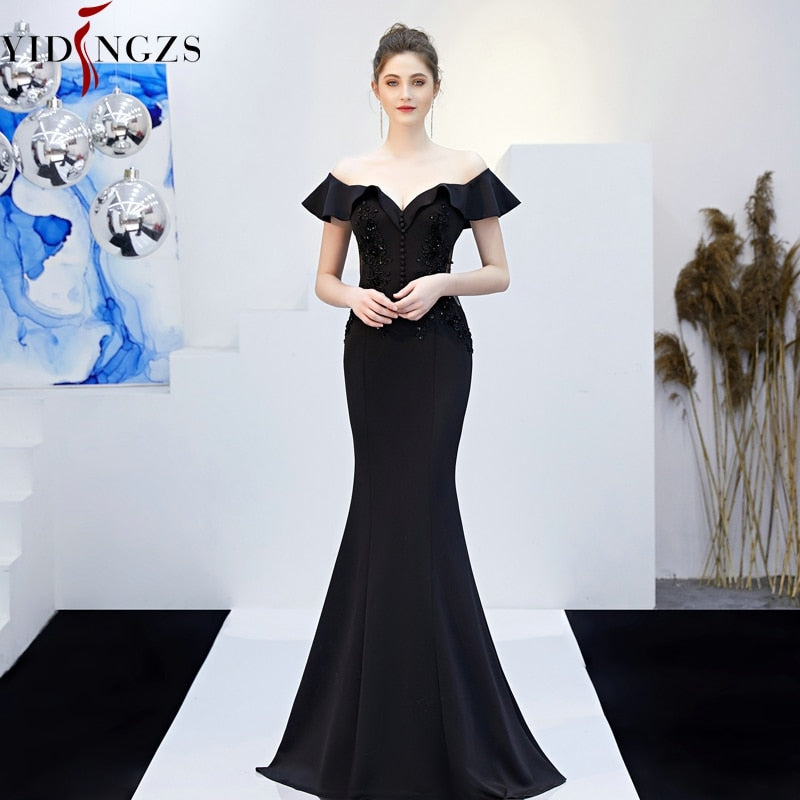Off Shoulder Elegant Evening Party Dress See-through Appliques Beaded Long Evening Dress