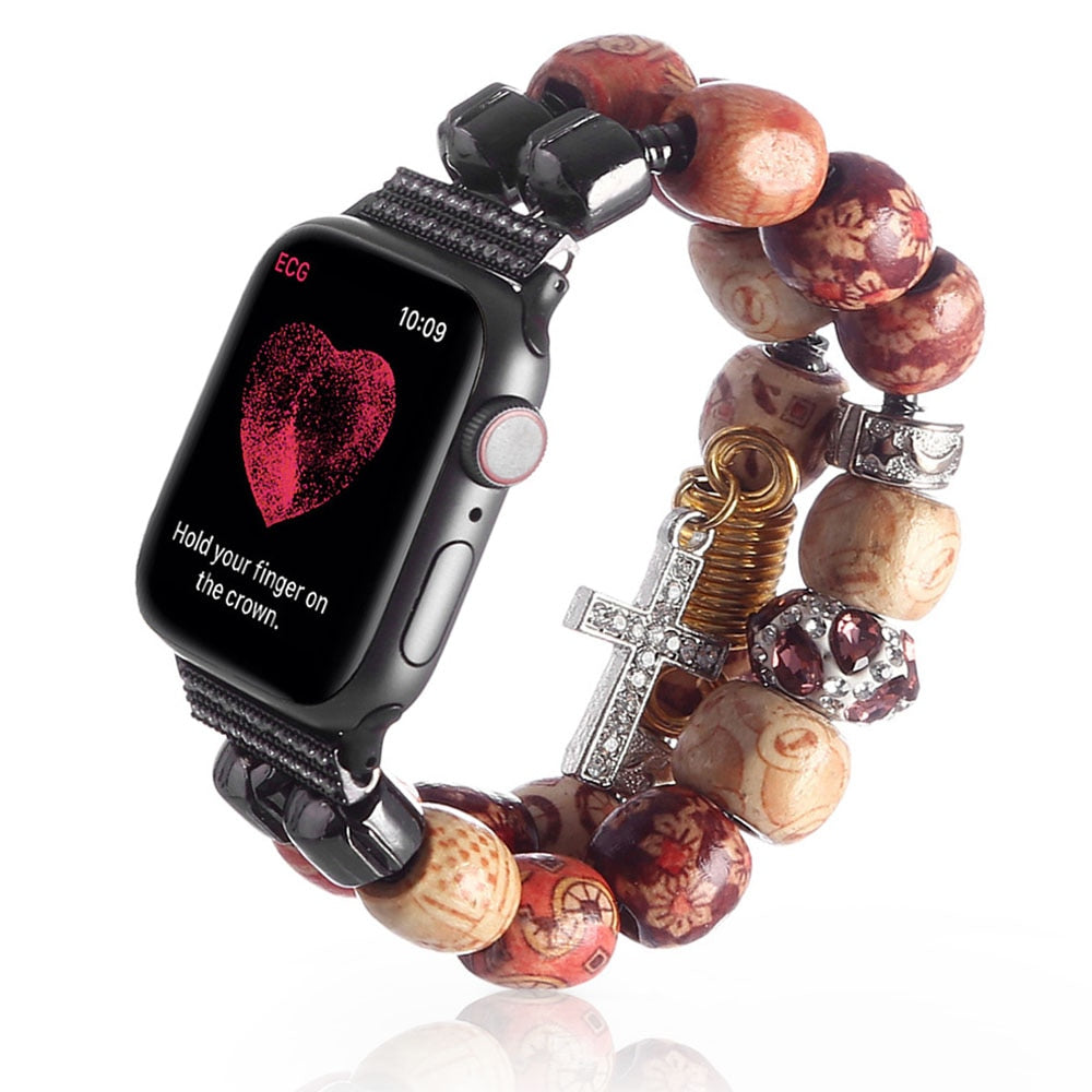 Wooden Beads Jewelry Bracelet for Apple Watch SE Band Series 6 5 4 3 Women Girl Fashion Strap for iWatch 40mm 44mm 38/42mm Belt
