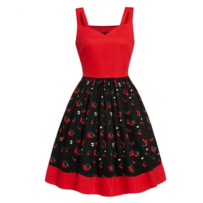Retro Cherry Print Pin Up Style Red Pleated Spaghetti Strap Pockets Fi –  jetechband