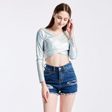Sexy Metallic Liquid V-Neck Wrap Front Long Sleeve Shirt Tee for Club Night Out Slim Wet Look Short T-shirt Crop Top Clubwear