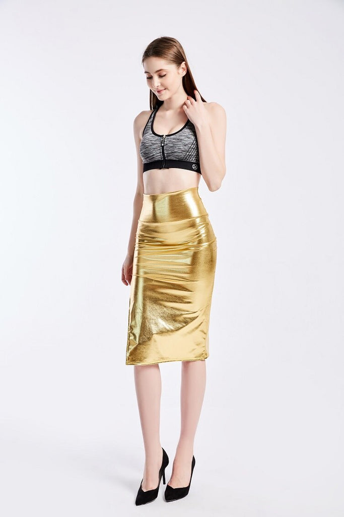 Summer Holographic Thigh Splits Bodycon Midi Skirt Sexy Metallic Wet Look Laser Blue Pencil Skirt Festival Rave Clothing