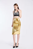 Summer Holographic Thigh Splits Bodycon Midi Skirt Sexy Metallic Wet Look Laser Blue Pencil Skirt Festival Rave Clothing