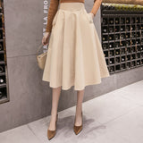 High Waist A Line Big Swing Midi Skirt Korean Pockets Office Lady Elegant Women Skirt