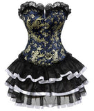 Gothic Gold Jacquard Corset Lace up Overbust Corsets Halloween Costume cosplay Dress Tutu Skirt Petticoat Showgirl Dance Dress