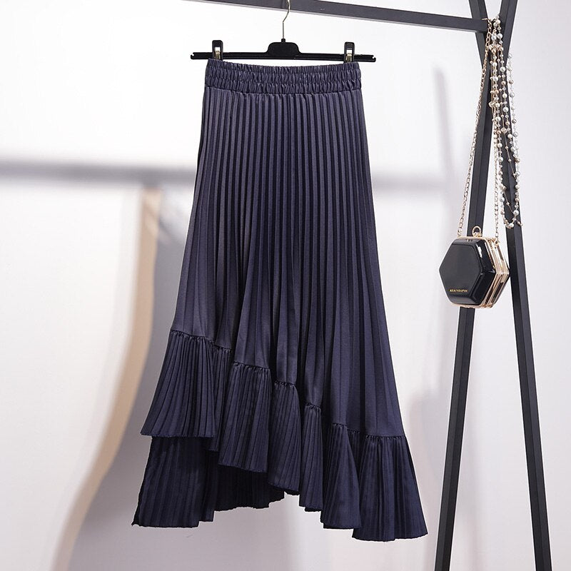 Women High Street Fashion Irregular Elastic High Waist A Line Asymmetrical Midi Pleated Skirt