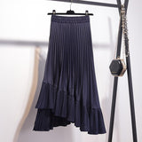 Women High Street Fashion Irregular Elastic High Waist A Line Asymmetrical Midi Pleated Skirt