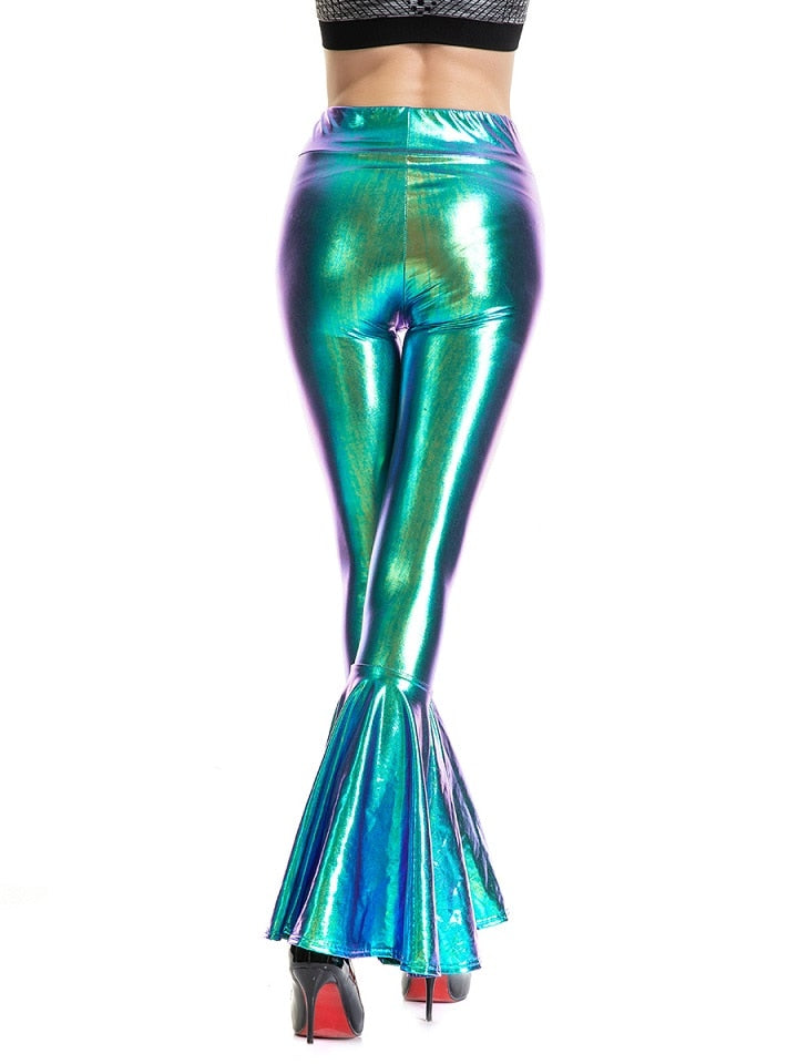 Flare Shiny Trousers Laser Metallic Wetlook Ruffle Wide Leg Pants Retro 70s Disco Hippie Club Trousers Bell Bottoms