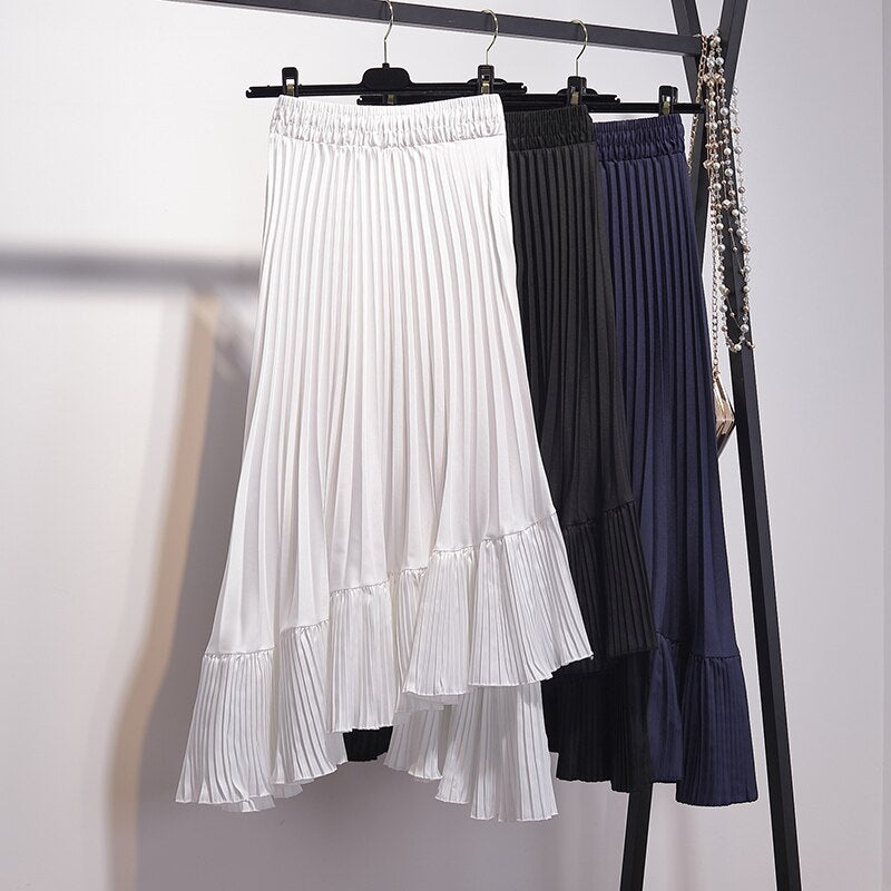 Women High Street Fashion Irregular Elastic High Waist A Line Asymmetrical Midi Pleated Skirt