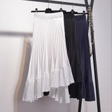 Women High Street Fashion Irregular Elastic High Waist A Line Asymmetrical Midi Pleated Skirt
