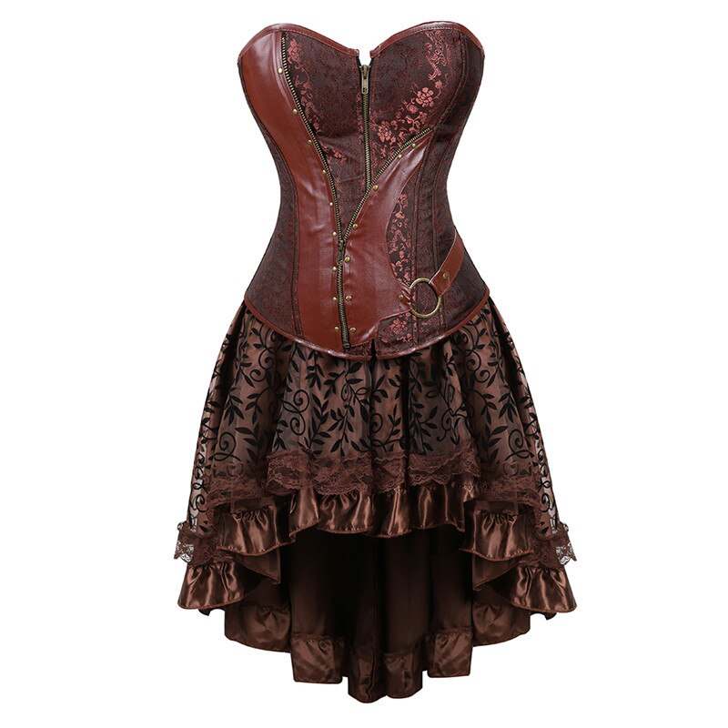 Women Steampunk Gothic Overbust Corset Dress Brocade Lace Up Corsets and Bustiers with Layed Skirt