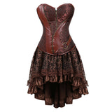 Women Steampunk Gothic Overbust Corset Dress Brocade Lace Up Corsets and Bustiers with Layed Skirt