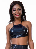 Shiny Lace-up Bra Top Halter Sleeveless Cross Back Metallic Laser Crop Top Women Club Cami Top Dance Festival Outfits