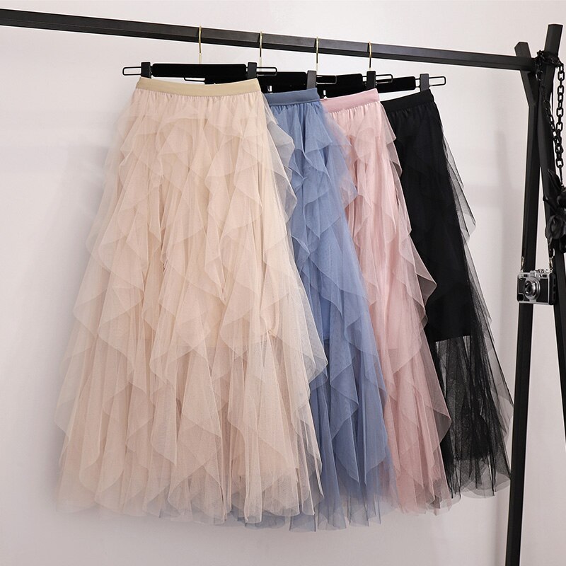 Summer Irregular Mesh Tulle Skirt Elastic High Waist Mid Calf Tutu Long Skirt