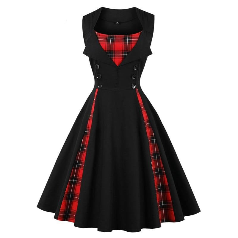 Plaid Vintage Red Tunic Summer Dress Women Button Pinup Girls 1950s Dress