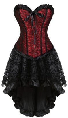 Gothic Red Corsets Dress with Skirt Costumes Vintage Floral Lace Up  Overbust Corset Bustier for Women Dancing Clothing