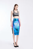 Summer Holographic Thigh Splits Bodycon Midi Skirt Sexy Metallic Wet Look Laser Blue Pencil Skirt Festival Rave Clothing