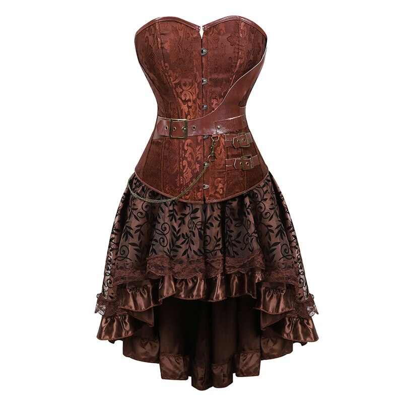 Women Steampunk Gothic Overbust Corset Dress Brocade Lace Up Corsets and Bustiers with Layed Skirt